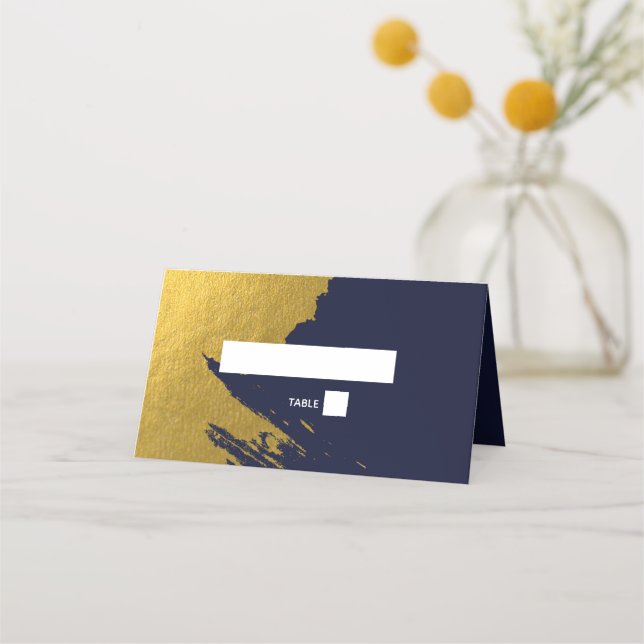 Faux Gold Brushstrokes & Navy Blue Wedding Place Card (Front)