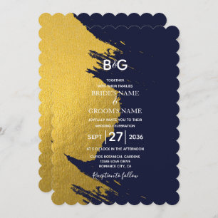 Faux Gold Brushstrokes & Navy Blue with Monogram I Invitation