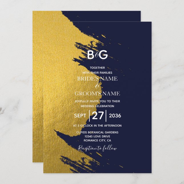 Faux Gold Brushstrokes & Navy Blue with Monogram Invitation (Front/Back)