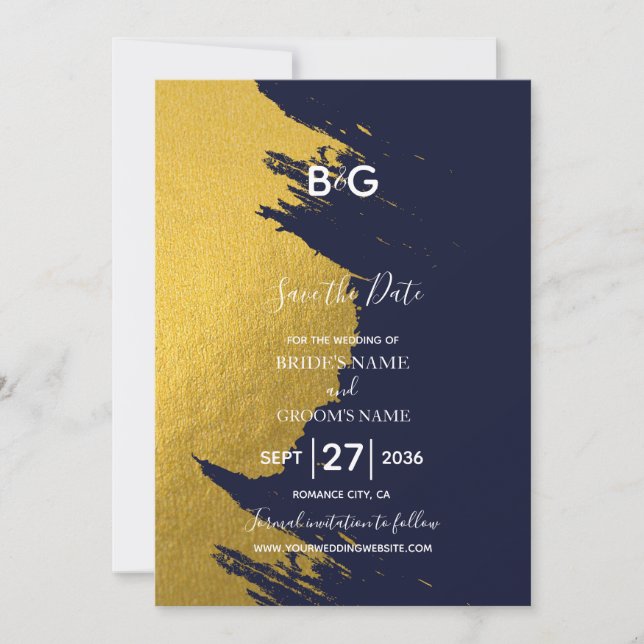 Faux Gold Brushstrokes & Navy Blue with Monogram Save The Date (Front)