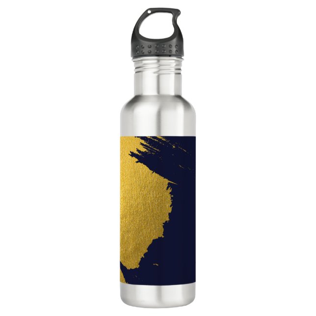 Faux Gold Brushstrokes with Navy Blue Background 710 Ml Water Bottle (Front)