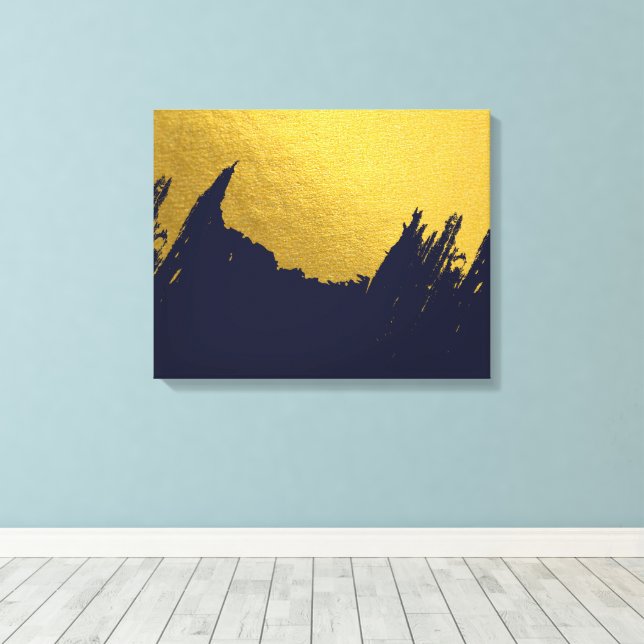 Faux Gold Brushstrokes with Navy Blue Background Canvas Print (Insitu(Wood Floor))