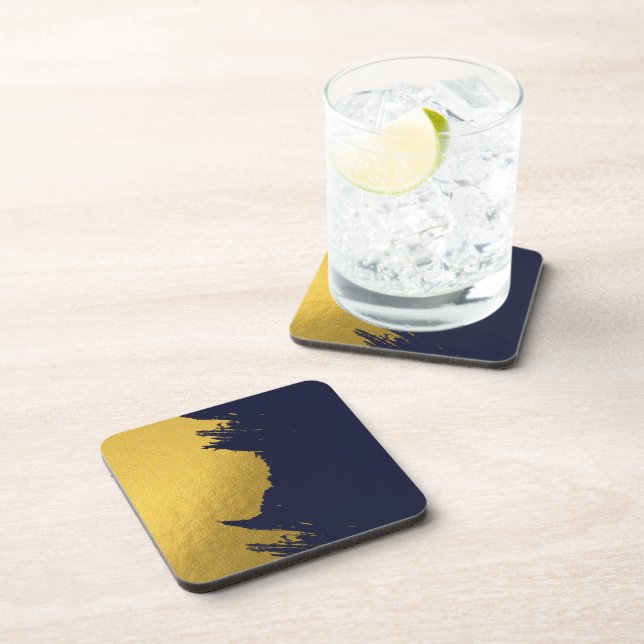 Faux Gold Brushstrokes with Navy Blue Background Coaster (Right Side)