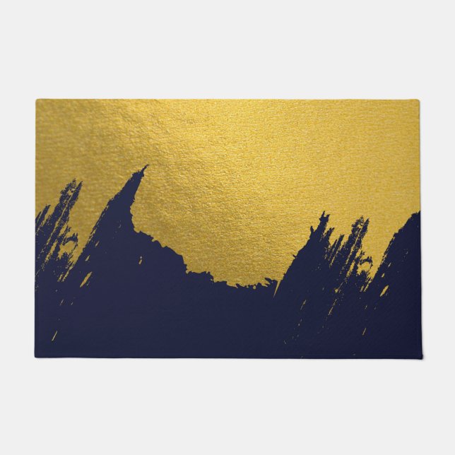 Faux Gold Brushstrokes with Navy Blue Background Doormat (Front)