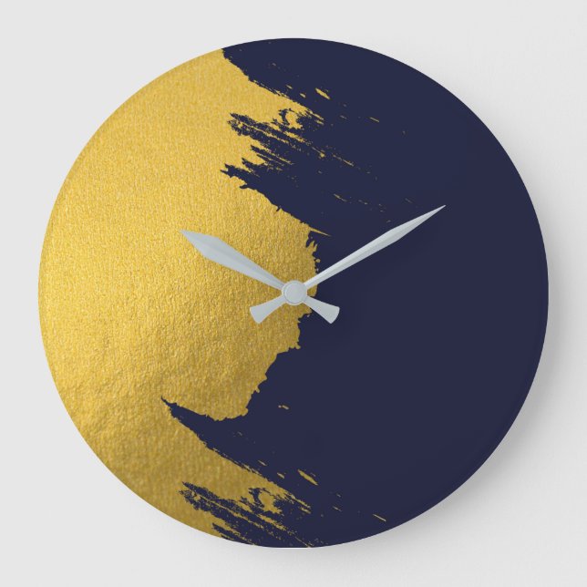 Faux Gold Brushstrokes with Navy Blue Background Large Clock (Front)
