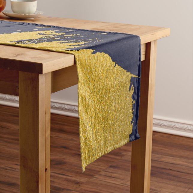 Faux Gold Brushstrokes with Navy Blue Background Long Table Runner (In Situ)