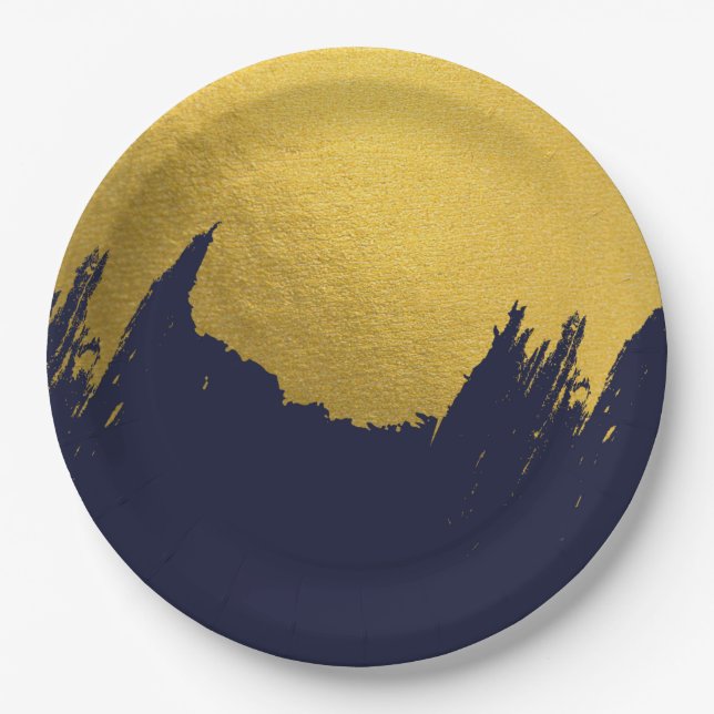 Faux Gold Brushstrokes with Navy Blue Background Paper Plate (Front)