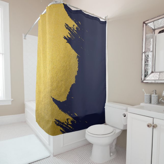 Faux Gold Brushstrokes with Navy Blue Background Shower Curtain (In Situ)