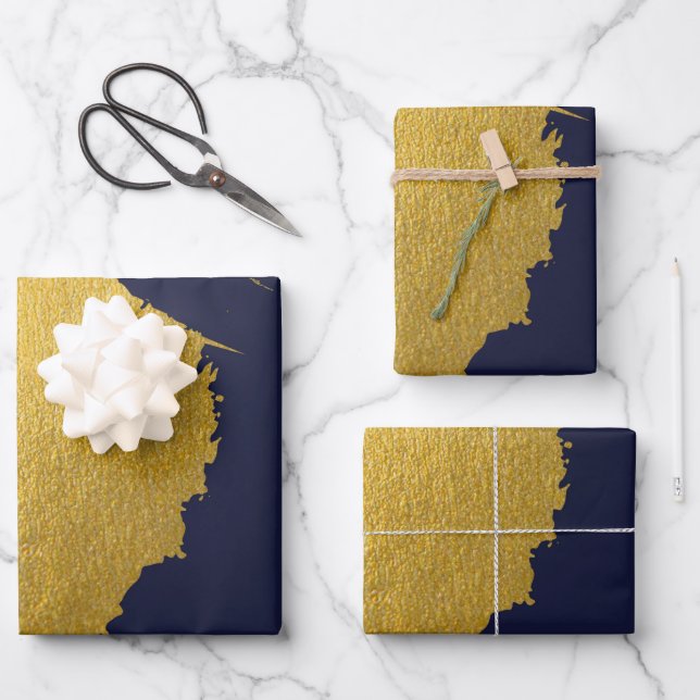 Faux Gold Brushstrokes with Navy Blue Background Wrapping Paper Sheet (Front)
