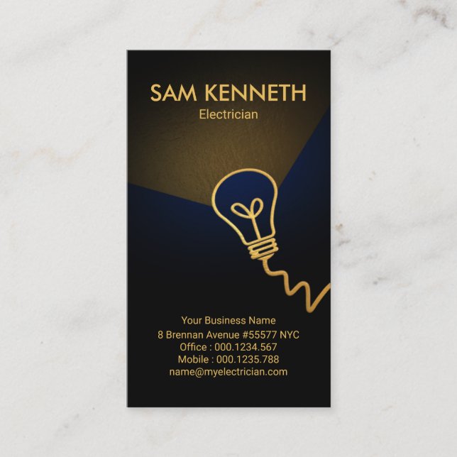 Faux Gold Bulb Flash Light Gold Beam Electrician Business Card (Front)