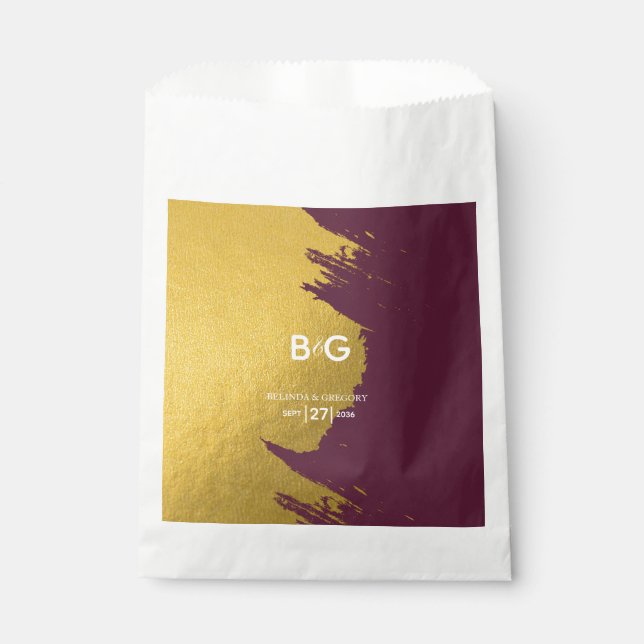 Faux Gold Burgundy, Monogram Wedding  Favour Bags (Front)
