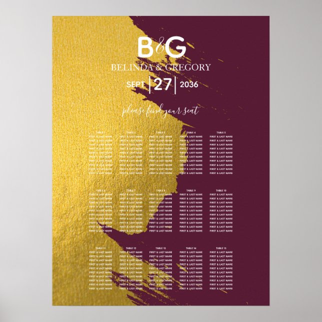 Faux Gold Burgundy, Monogram Wedding Seating Chart (Front)
