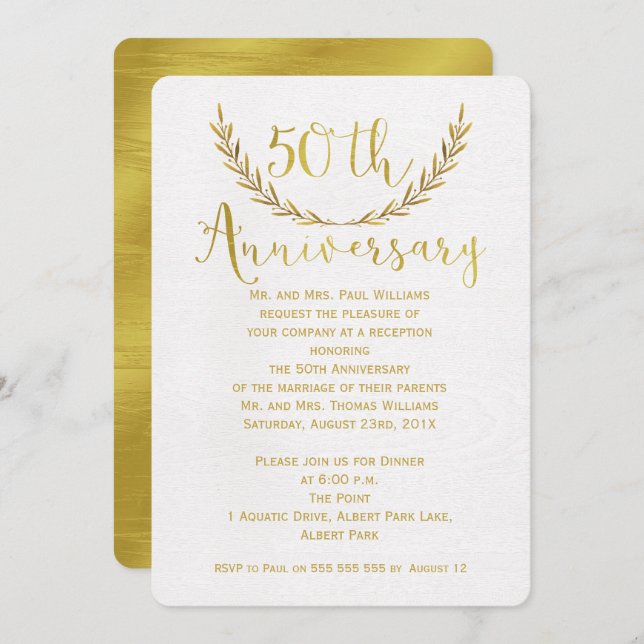 Faux Gold Calligraphy 50th Anniversary Invitation (Front/Back)