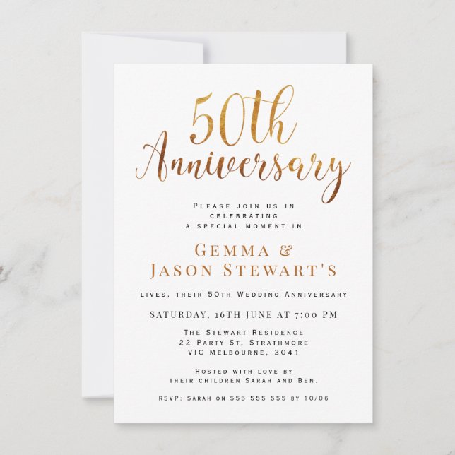 Faux Gold Calligraphy 50th Wedding Anniversary Invitation (Front)