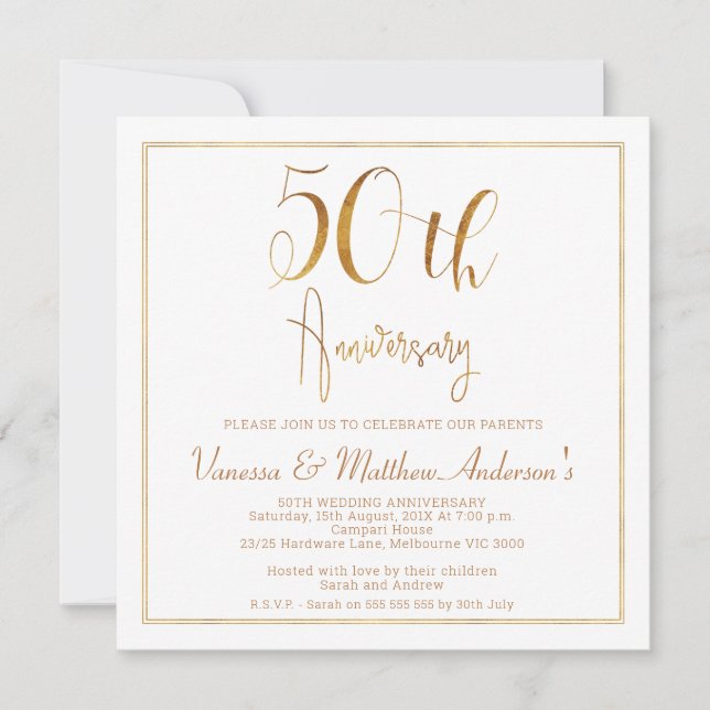 Faux Gold Calligraphy Frame 50th Anniversary Invitation (Front)