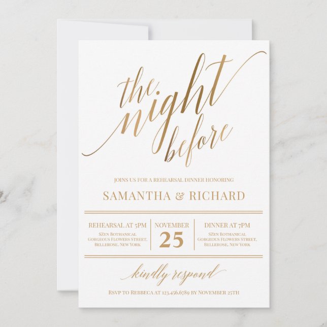 Faux gold calligraphy lettering rustic rehearsal invitation (Front)