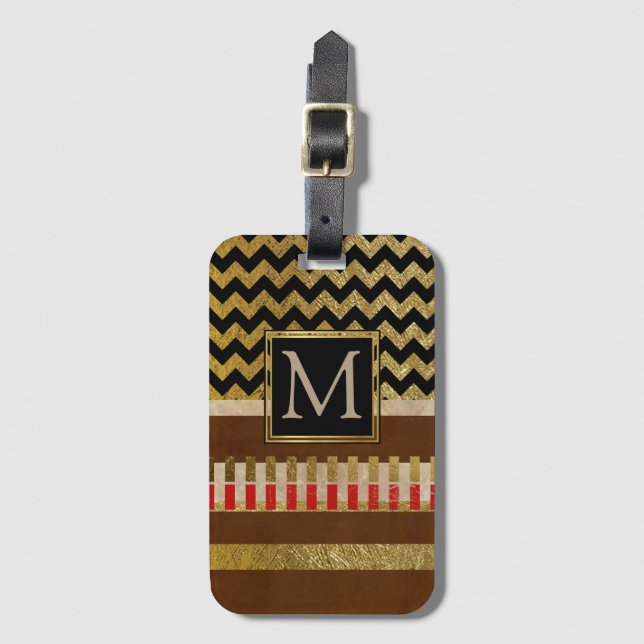 faux gold chevron stripes monogrammed luggage tag (Front Vertical)
