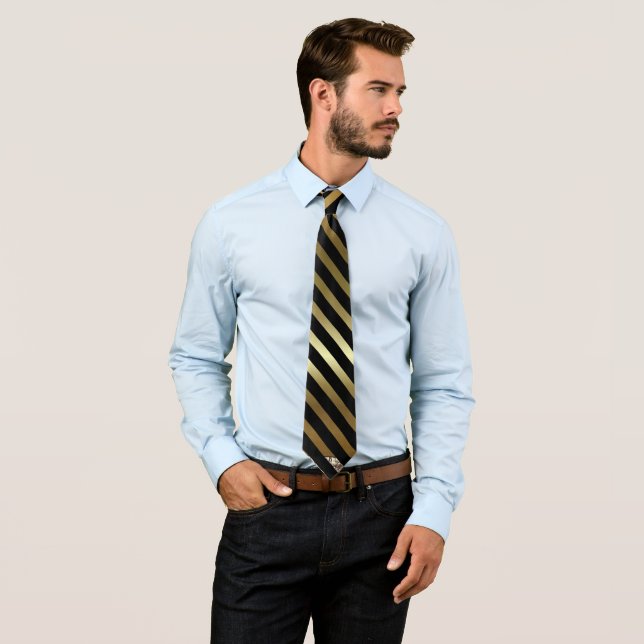 Faux Gold Colour and Black Diagonal Stripes  Tie (In Situ)
