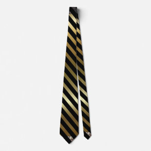 Faux Gold Colour and Black Diagonal Stripes Tie