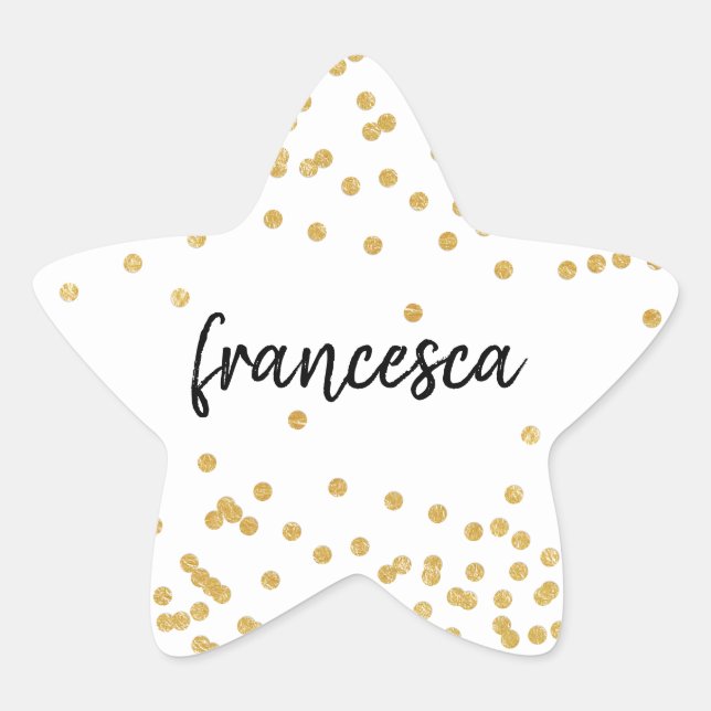 Faux Gold Confetti and Brush Lettered Name Star Sticker (Front)