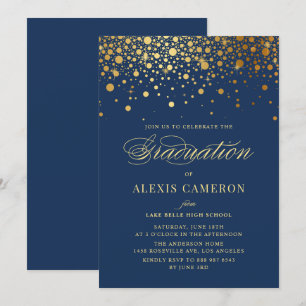 Faux Gold Confetti Dots Navy Blue Graduation Invitation