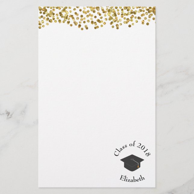 Faux Gold Confetti & Graduation Cap Class of 20xx Stationery (Front)