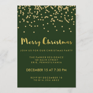 Faux Gold Confetti Green Merry Christmas Party Invitation