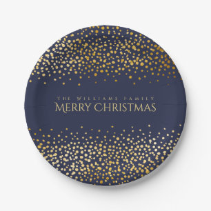 Faux Gold Confetti Merry Christmas Monogram Blue Paper Plate