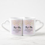 Faux Gold Confetti Mr. & Mrs. on Purple Watercolor Coffee Mug Set<br><div class="desc">A cute wedding commemorative mug. Personalised text with Mr. & Mrs. written in a trendy calligraphy font.  Designed with fake gold confetti sprinkled along the top. A pale purple and yellow watercolor background.</div>