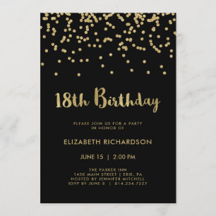 Faux Gold Confetti on Black 18th Birthday Party Invitation