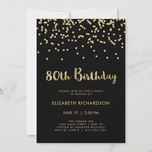 Faux Gold Confetti on Black | 80th Birthday Party Invitation (Front)