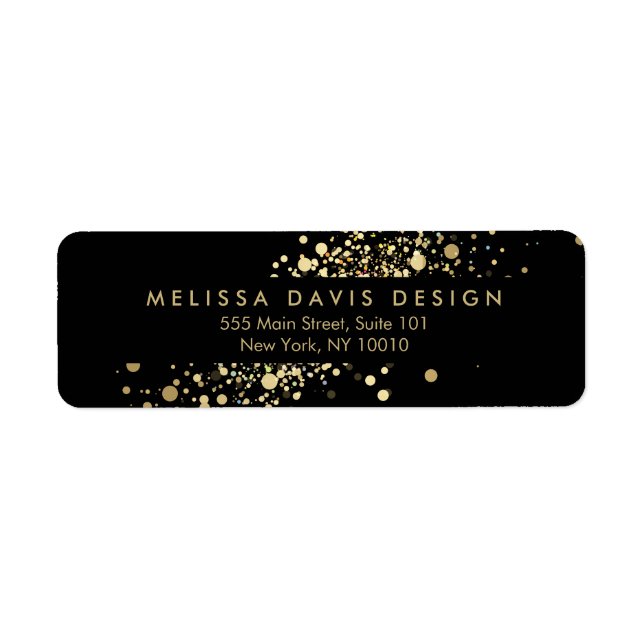 Faux Gold Confetti on Black Modern Address Label (Front)