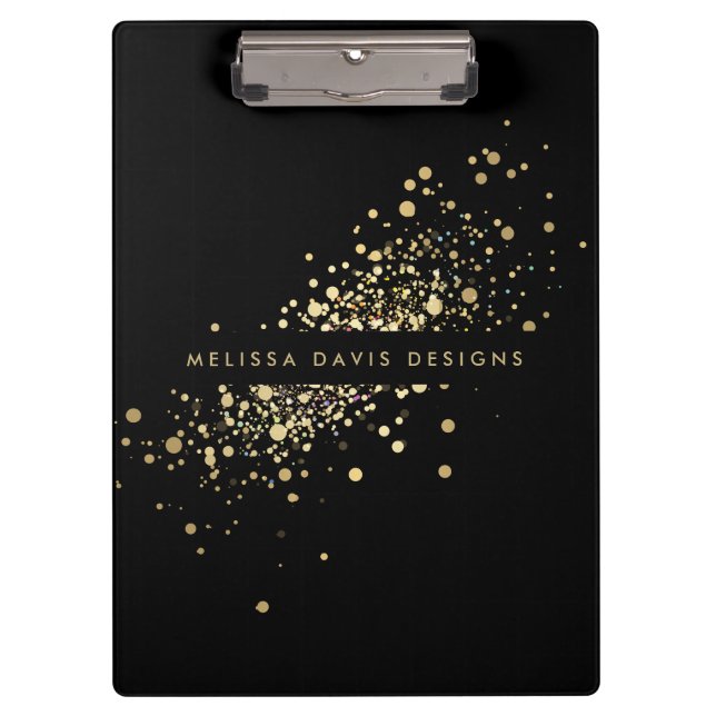 Faux Gold Confetti on Black Modern Personalised Clipboard (Front)