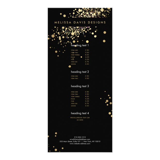 Faux Gold Confetti on Black Modern Rack Card (Front)