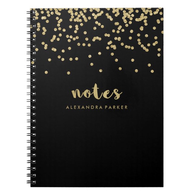 Faux Gold Confetti on Black | Notes Typography Spiral Notebook (Front)