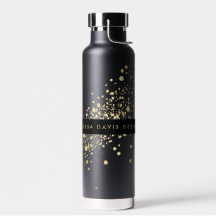 Faux Gold Confetti on Black Personalised Water Bottle