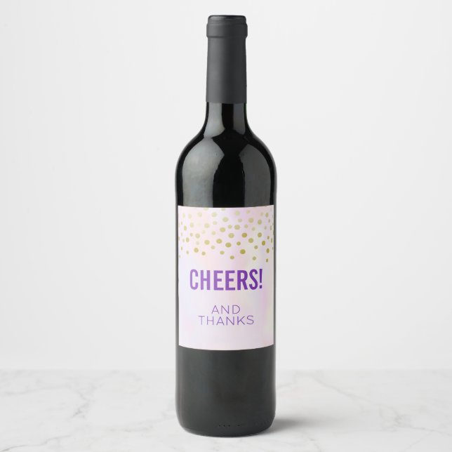 Faux Gold Confetti on Purple Cheers and Thanks Wine Label (Front)