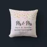 Faux Gold Confetti on Purple Watercolor Mr. & Mrs. Cushion<br><div class="desc">Commemorative "Mr. & Mrs." wedding pillow. Designed with fake gold confetti sprinkled along the top. A pale purple and yellow watercolor background.</div>