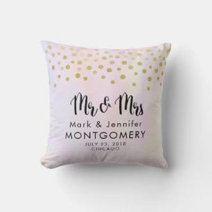 Faux Gold Confetti on Purple Watercolor Mr. & Mrs. Cushion