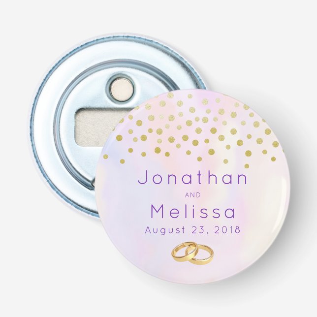 Faux Gold Confetti on Purple Watercolor Wedding Bottle Opener (Front)