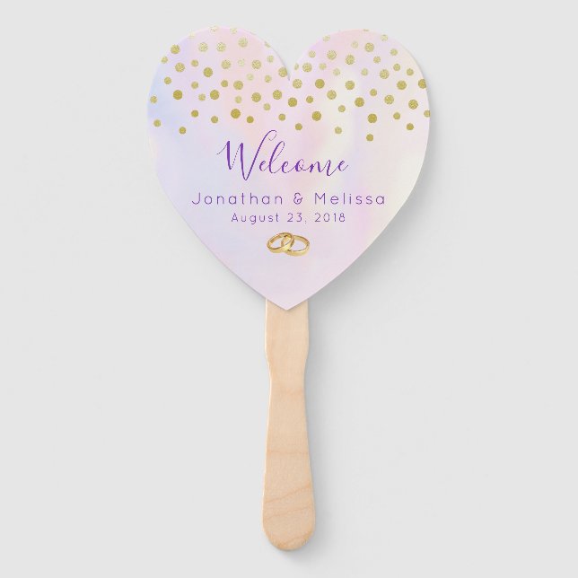 Faux Gold Confetti on Purple Watercolor Wedding Hand Fan (Front)