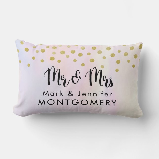 Faux Gold Confetti on Purple Watercolor Wedding Lumbar Cushion (Front)