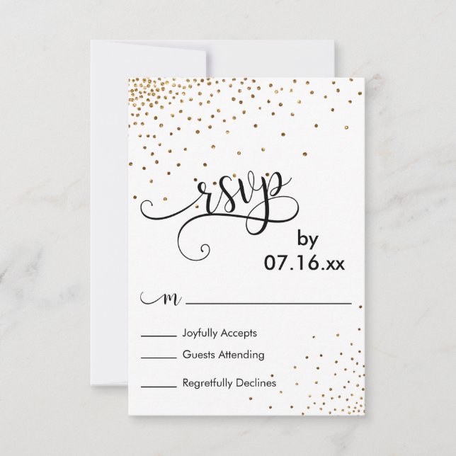 Faux Gold Confetti Script Typography RSVP Card (Front)