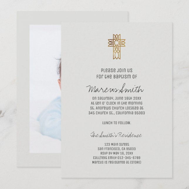Faux Gold Cross Baby Boy Photo Baptism Invitation (Front/Back)