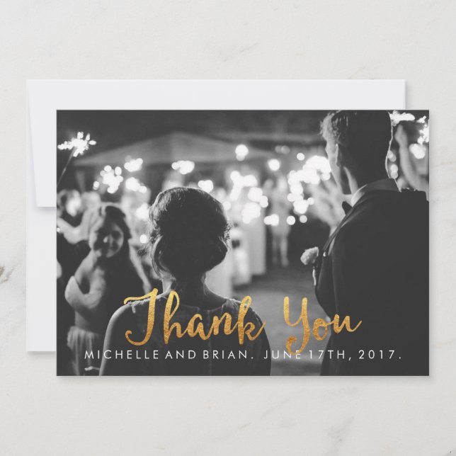 Faux Gold Cursive Wedding Photo Thank You Card (Front)
