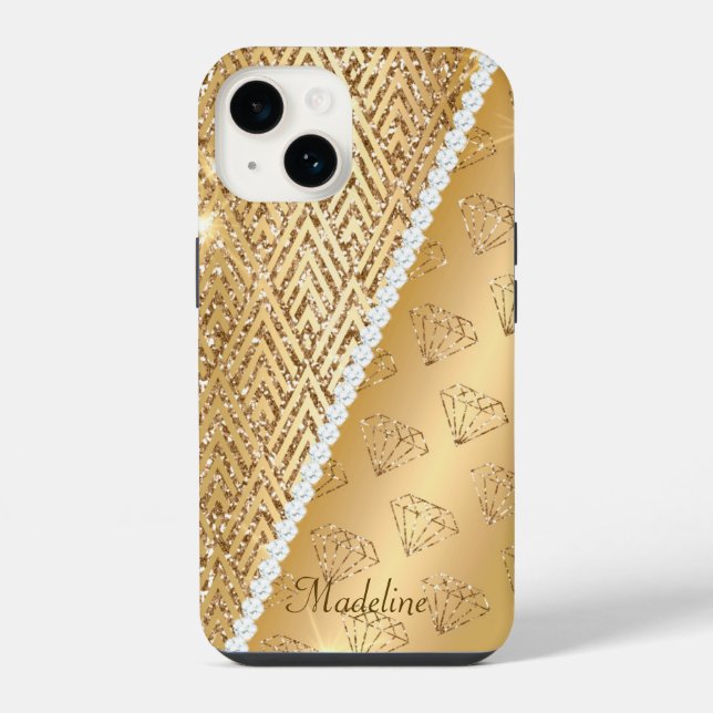 Faux Gold  & Diamonds iPhone 14 Tough Case, Glossy Case (Back)