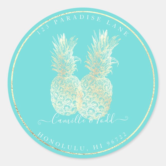 Faux Gold Double Pineapples DIY Background Classic Round Sticker (Front)