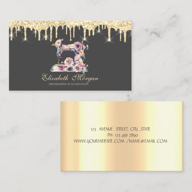  Faux Gold Drips Sewing Machine Flowers Business Card (Front/Back)