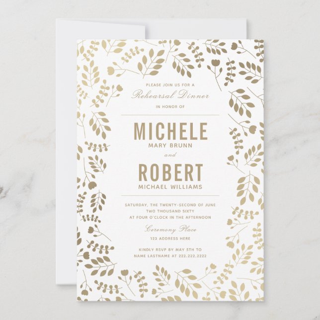 Faux Gold Elegant Floral Rehearsal Dinner Invite (Front)