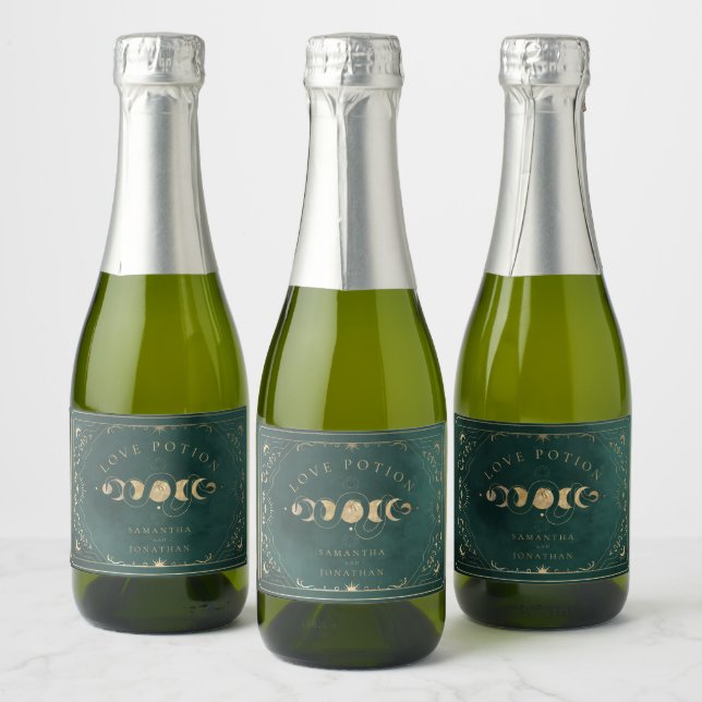 Faux Gold & Emerald Green Tarot Celestial Wedding Sparkling Wine Label (Bottles)